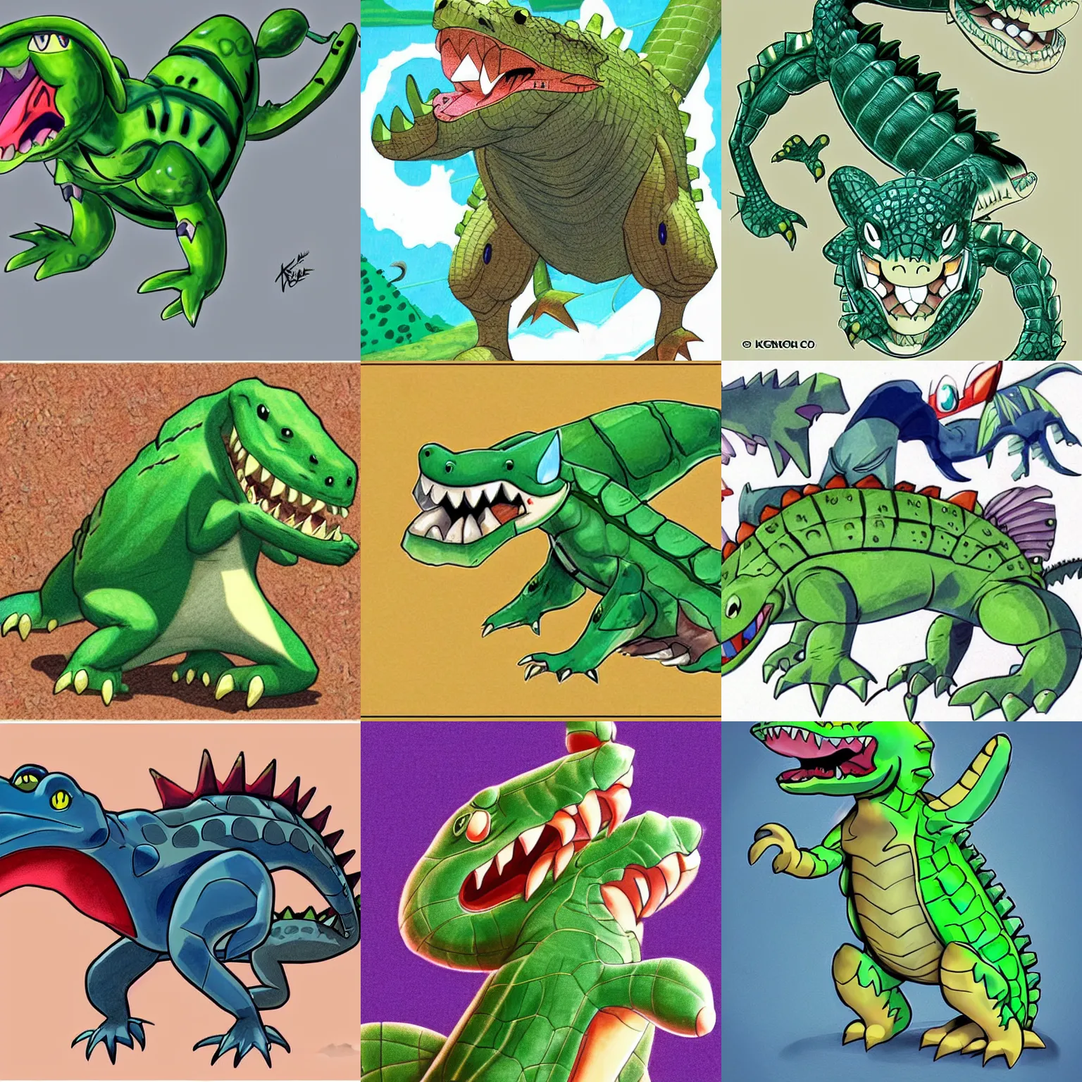 Prompt: a crocodile - inspired pokemon, creature design, concept art, illustration, by ken sugimori