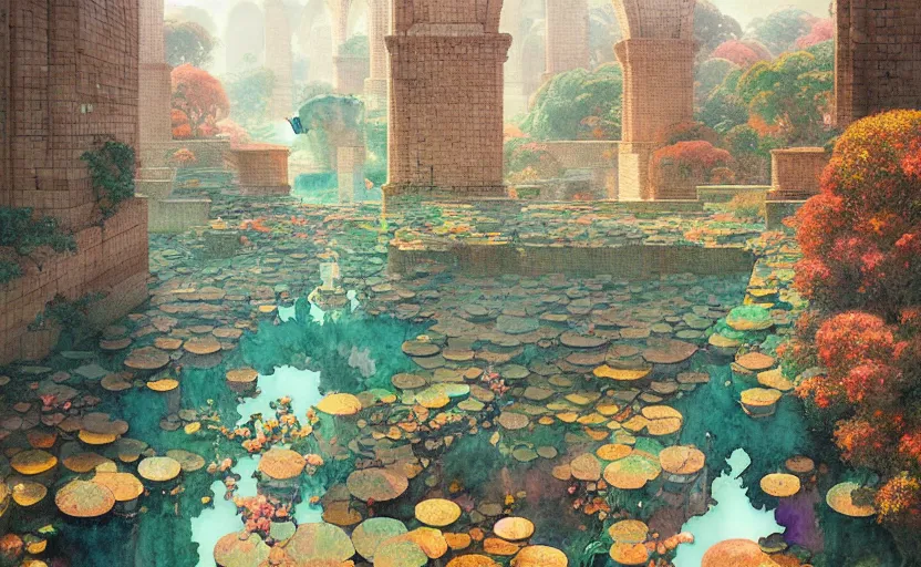 Image similar to tiled room squared waterway, aqueducts, fantasy. intricate, amazing composition, colorful watercolor, by ruan jia, by maxfield parrish, by marc simonetti, by hikari shimoda, by robert hubert, by zhang kechun, illustration, gloomy