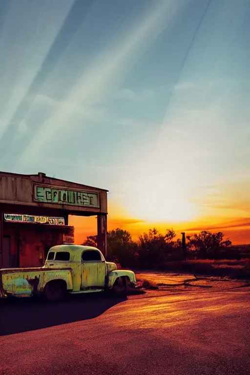 Image similar to a sunset light landscape with historical route 6 6, lots of sparkling details and sun ray ’ s, blinding backlight, smoke, volumetric lighting, colorful, octane, 3 5 mm, abandoned gas station, old rusty pickup - truck, beautiful epic colored reflections, very colorful heavenly, softlight