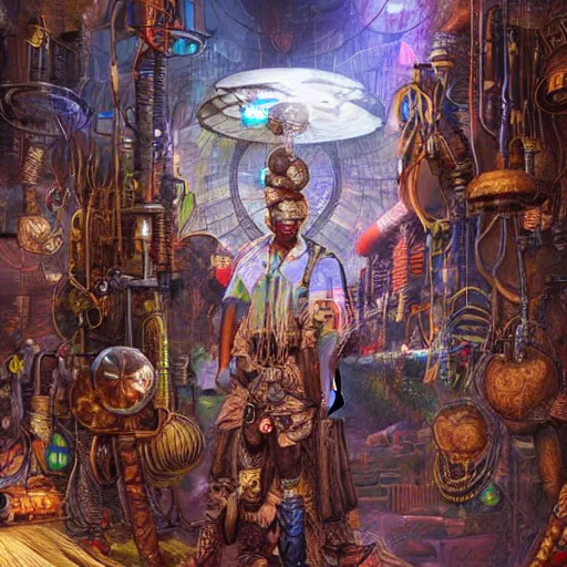 Prompt: an african shaman opening a steampunk portal in a cyberpunk village, by android jones, digital art, darkfantasy