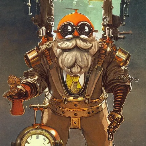 Image similar to bioshock steampunk orange mohawk Streetfighter Gnome Santa riding an intricate clockwork gearwork automaton springs gears bolts wires golem vehicle traveling stamp postcard winslow homer craig j. spearing thomas eakins