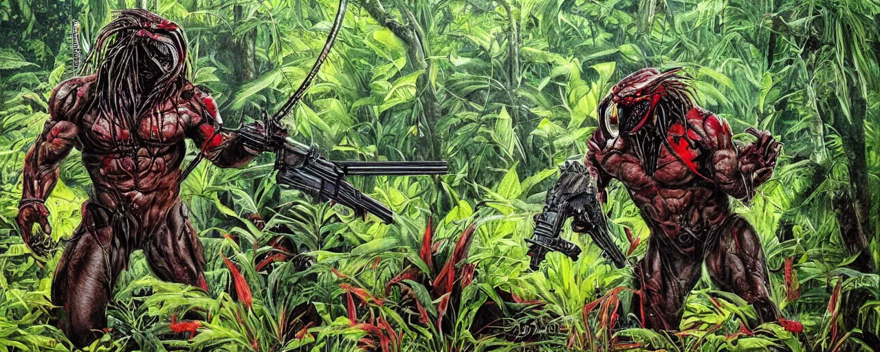 Image similar to the predator roaming the jungle with a rifle, red eyes, as painted by Donald McAlpine