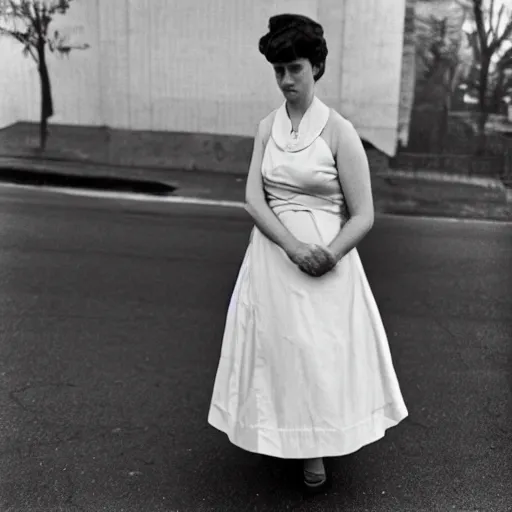 Image similar to photo of a woman in a dress by vivian maier. professional photography.