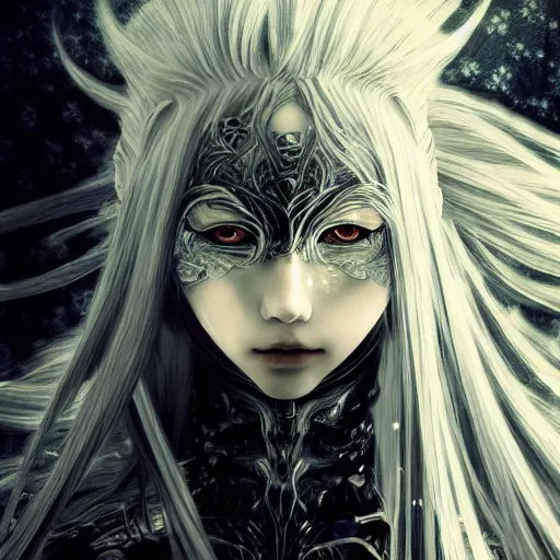 Image similar to yoshitaka amano blurred and dreamy realistic illustration of an anime girl with wavy white hair and cracks on her face wearing elden ring armour with the cape fluttering in the wind, abstract black and white patterns on the background, noisy film grain effect, highly detailed, renaissance oil painting, weird portrait angle