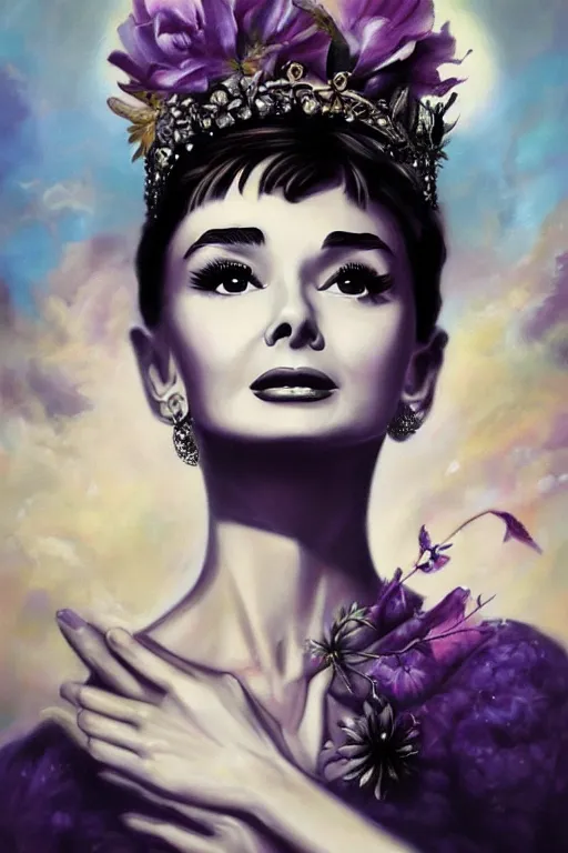 Prompt: closeup portrait fine art photo of the beauty audrey hepburn, she has a crown of stunning flowers and dress of purple satin and gemstones, background full of stormy clouds, by peter mohrbacher