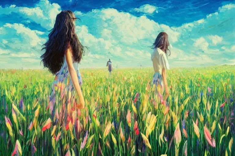 Image similar to giant gladiola head, girl walking in field of flowers, surreal photography, sunrise, blue sky, dramatic light, impressionist painting, digital painting, artstation, simon stalenhag