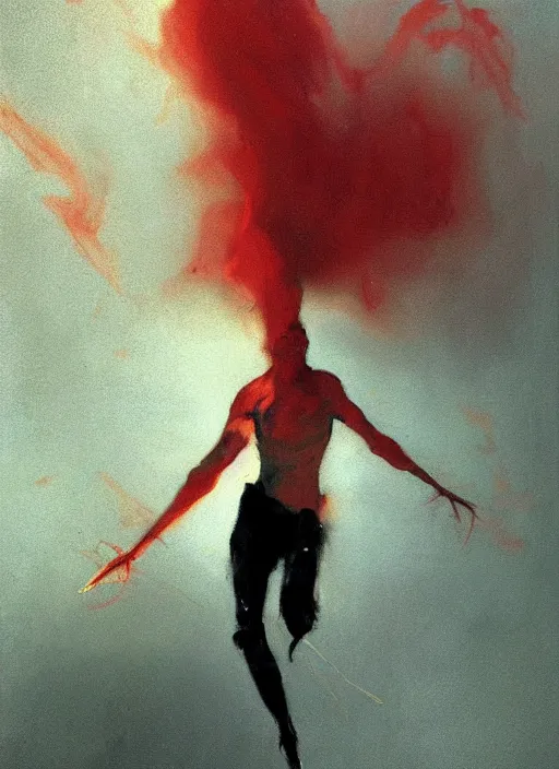 Prompt: pale floating husk in red light, billowing smoke, painting by phil hale, fransico goya,'action lines '!!!, graphic style, visible brushstrokes, motionb blur, blurry, visible paint texture, crisp hd image