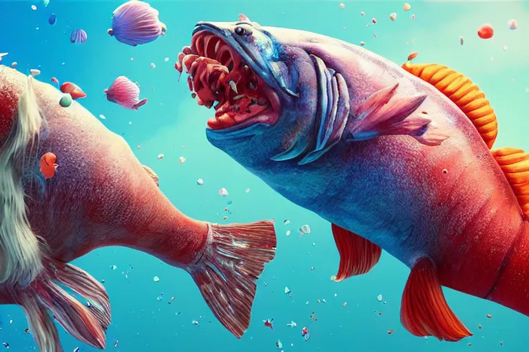 Prompt: of a very beautiful scene. ambient occlusion render. a sweet fat old woman is giving a birth to a huge colorful fish. hyper realistic. 4 k. wide angle. wild happiness. symmetrical face, red mouth, blue eyes. deep focus, lovely scene. ambient occlusion render. concept art. artstation. unreal engine.