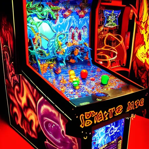 Image similar to satanic arcade filled with demonic arcade cabinets by spider zero, benoit b. mandelbrot, jeff koons, chihuly, trending on artstation # chihuly