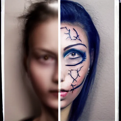 Image similar to photo, closeup, young woman with her face divided into two parts. left part has heavy amount of makeup. right part has intriguing tattoo