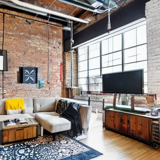 Prompt: trendy downtown loft with modern murals on the wall, contemporary art, and patterns, interior design, rustic industrial architecture