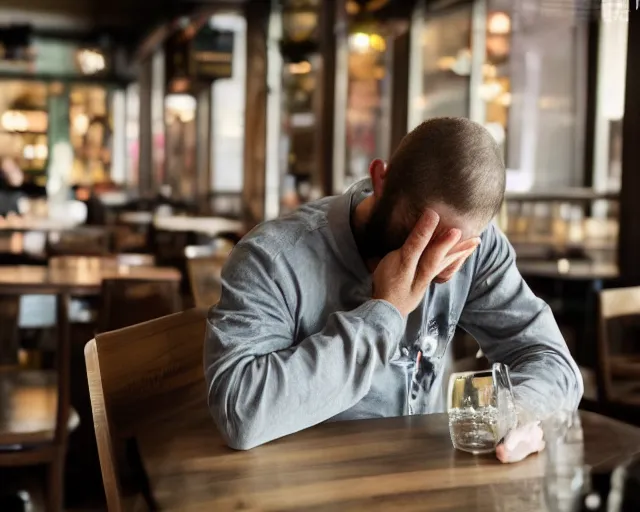 Image similar to 8 5 mm photography of a depressed guy at a restaurant. highly detailed 8 k. intricate. lifelike. soft diffused light. nikon d 8 5 0.