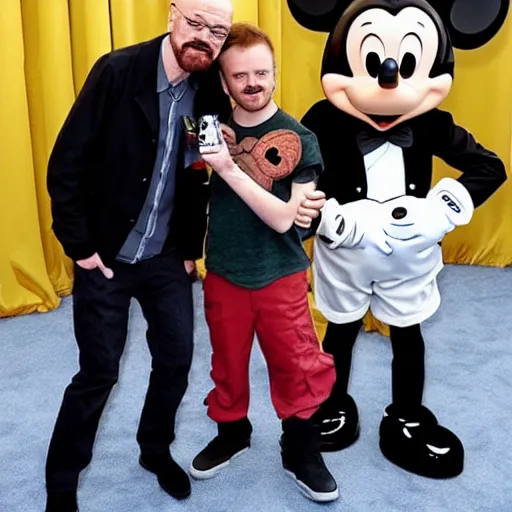 Image similar to walter white and jesse pinkman doing a selfie with mickey mouse, realistic