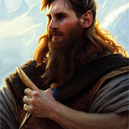 Prompt: Messi as a viking, closeup, D&D, fantasy, intricate, elegant, highly detailed, digital painting, artstation, concept art, matte, sharp focus, illustration, art by Artgerm and Greg Rutkowski and Alphonse Mucha