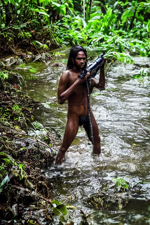 Image similar to predator in sri lankan jungle, submerged in water, black hair, hunter, extremely high fidelity, natural lighting