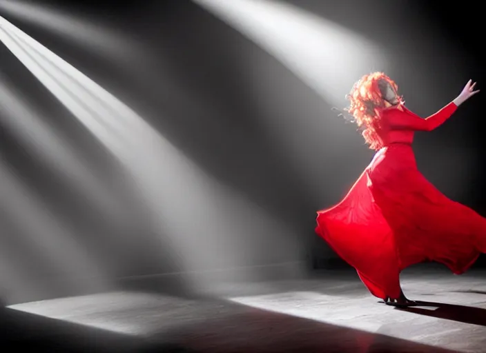 Prompt: portrait of christina hendricks dancing swirling in the morning sun - rays, red clothes