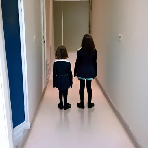 Prompt: twin girls, 8 year old standing at the end of a corridor, liminal space, eerie