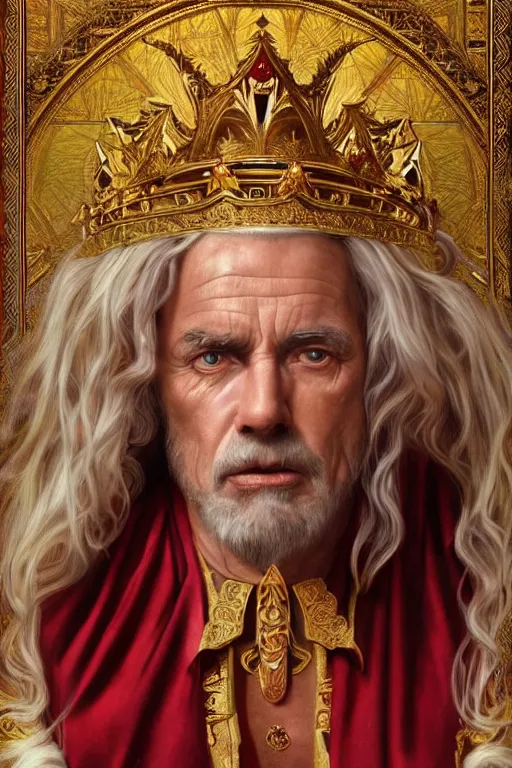 Image similar to Portrait of historically accurate, ancient biblical, sultry, sneering, evil, pagan, old kindah kingdom king, muscular, wearing gilded red royal robes, long white hair, intricate, elegant, highly detailed, digital painting, artstation, concept art, smooth, sharp focus, illustration, art by artgerm and greg rutkowski and alphonse mucha and andrei riabovitchev