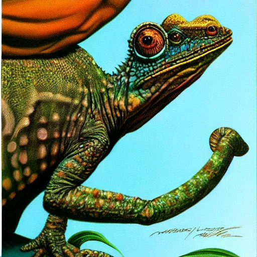 Prompt: monstrous chameleon by boris vallejo, sharp, intricate, highly detailed