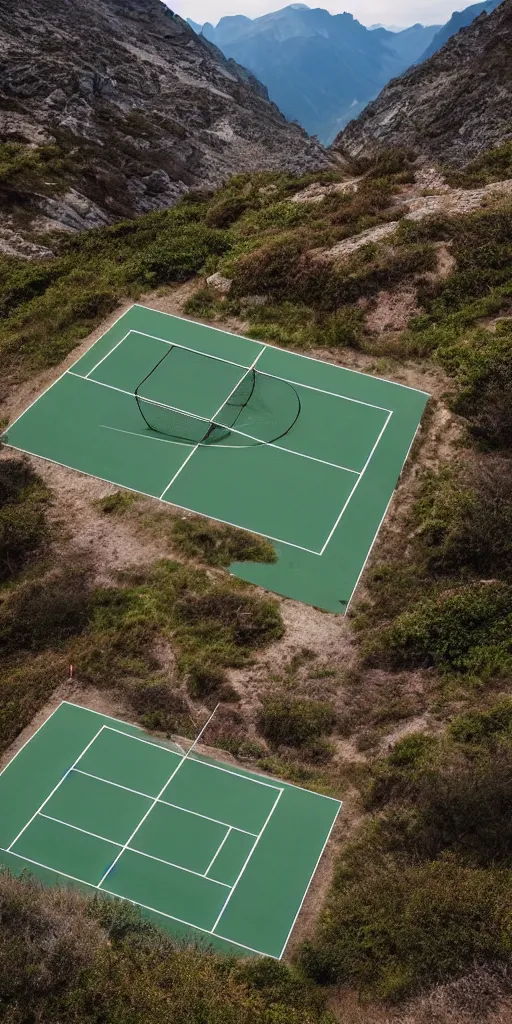 Image similar to Tennis court between mountains and sea. the style of National Geographic magazine