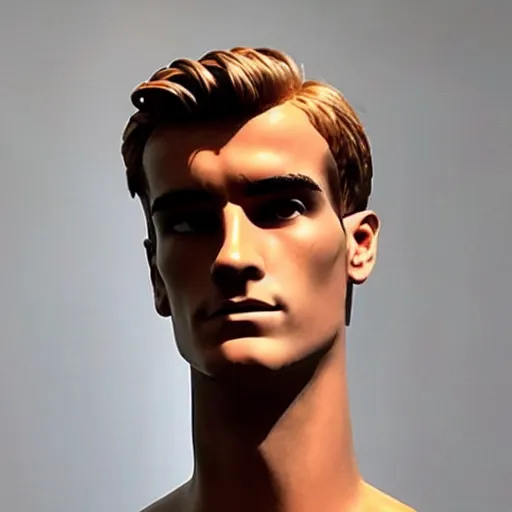 Image similar to “ a realistic detailed photo of a guy who is an attractive humanoid who is half robot and half humanoid, who is a male android, soccer player antoine griezmann, shiny skin, posing like a statue, blank stare, at the museum, on display ”