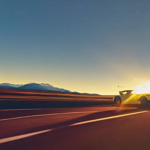 Image similar to 8 0 s sports car heading west, golden hour, larich style