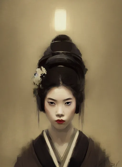 Prompt: female geisha girl, beautiful face, rule of thirds, intricate outfit, symmetrical, spotlight, by greg rutkowski, by jeremy mann, digital painting