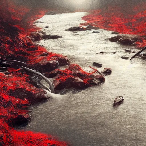 Prompt: dead river, red color, highly detailed, 8 k, artstation, beutifull, masterpiece,