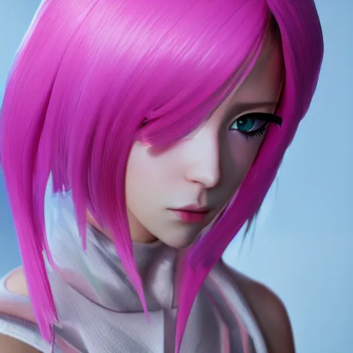 Image similar to extremely bright symmetrical image, taken from an extremely low angle at her feet, stunningly beautiful omnipotent anime goddess with pink hair and mesmerizing cyan eyes, unreal engine 5, 8 k
