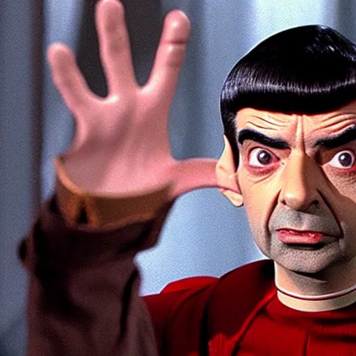 Prompt: Movie still of Mr. Bean as Spock from Star Trek
