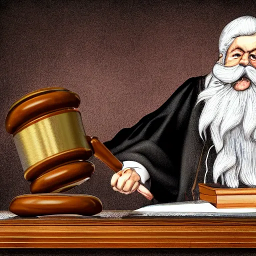 Prompt: a blad judge with bid white beard slams his gavel on the desk, illustration, realistic, 8 k, cinematic