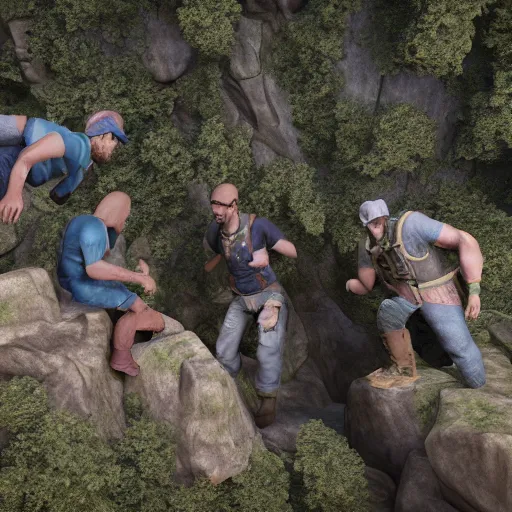 Image similar to four men building an adventure party. they jumpdown a cliff as a team. v - ray render. 8 k. expressive. dynamic lighting. lensflare. realistic.