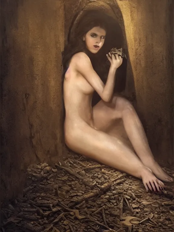 Image similar to A portrait of a female vampire in coffin on ruins,by Albert Lynch,Andrei Riabovitchev,,Gregory Crewdson,James Paick,Greg Rutkowski,aaron horkey,trending on pinterest,Blade Runner 2049,luxury,mythological,ultra realistic,high detail,golden ratio,cinematic lighting,maximalist