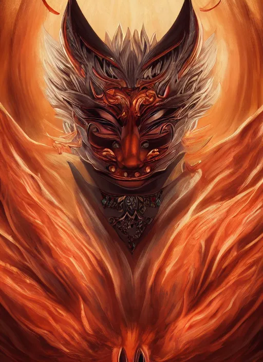 Prompt: a beautiful detailed oil on copper art illustration of a japanese namahage kitsune mask devil woman, centered, by charlie bowater, zeng fanzh, trending on artstation, dim dusk lighting, cinematic lighting, detailed lighting, volumetric lighting, realistic, f 8, 4 k hd wallpaper