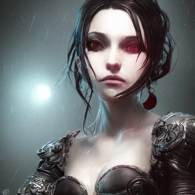 Prompt: the portrait of the neutral evil fallen female dark knight vagabond as absurdly beautiful, gorgeous, elegant, sophisticated, realistic young idol, an ultrafine hyperdetailed illustration by irakli nadar, intricate linework, bright colors, octopath traveler, final fantasy, unreal engine highly rendered, global illumination, radiant light, detailed and intricate environment