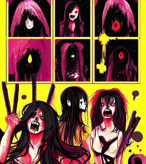 Image similar to horror acid colors, a dark picture comic featuring blood horror and goth anime girls, anime vampires, evil horror vibes