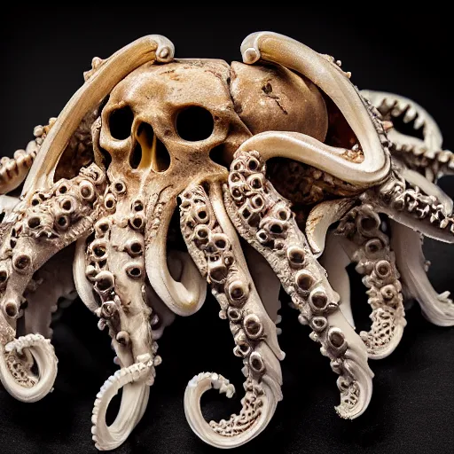 Prompt: an intricately detailed carving in an human - octopus skull, rococo ornate bone and ivory sculpted skull with teeth and tentacles, horror, artifact, micro detailed, tilt shift, uhd 8 k