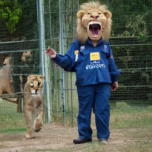 Prompt: a lion walking upright wearing a zoo keepers uniform pretending to be a human trying to escape a zoo