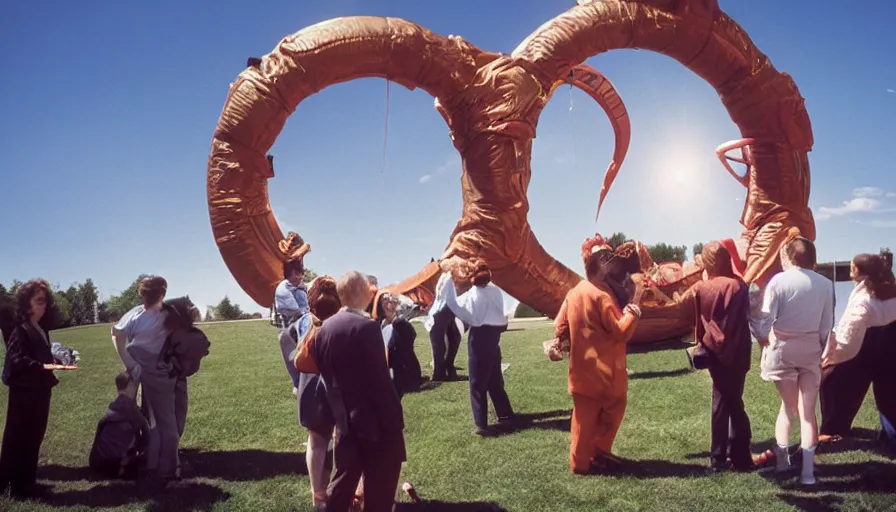 Prompt: 1990s candid photo of a beautiful day at the park, cinematic lighting, cinematic look, golden hour, large costumed mascot business people giving spaceship presentations to families, Enormous personified business people with outstandingly happy faces coming out of a portal and talking to families about space and planets, UHD