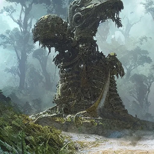 Image similar to An intact ancient alien ship, discovered half-buried in the jungles of Papua New Guinea, detailed fantasy art by Greg Rutkowski