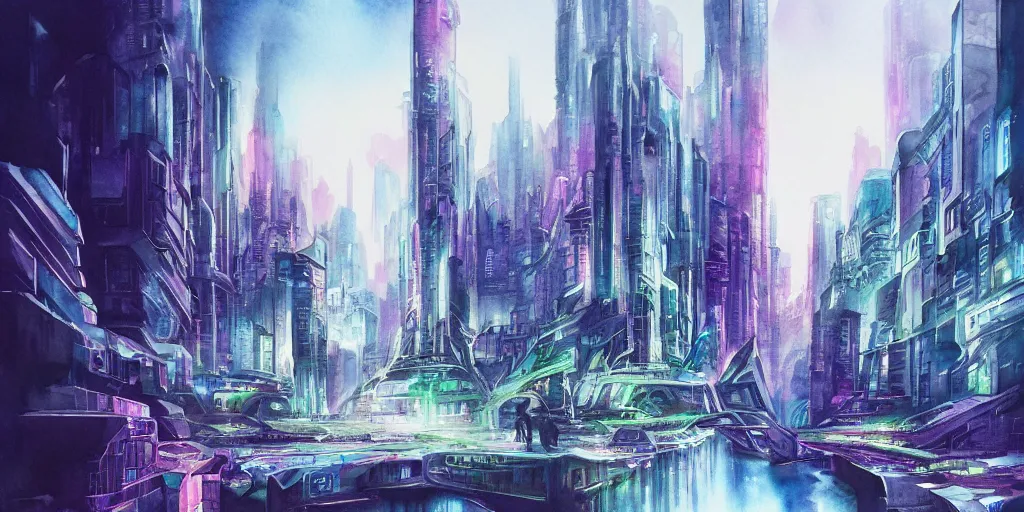 Prompt: futuristic city, exquisite masterpiece watercolor painting, trending on artstation