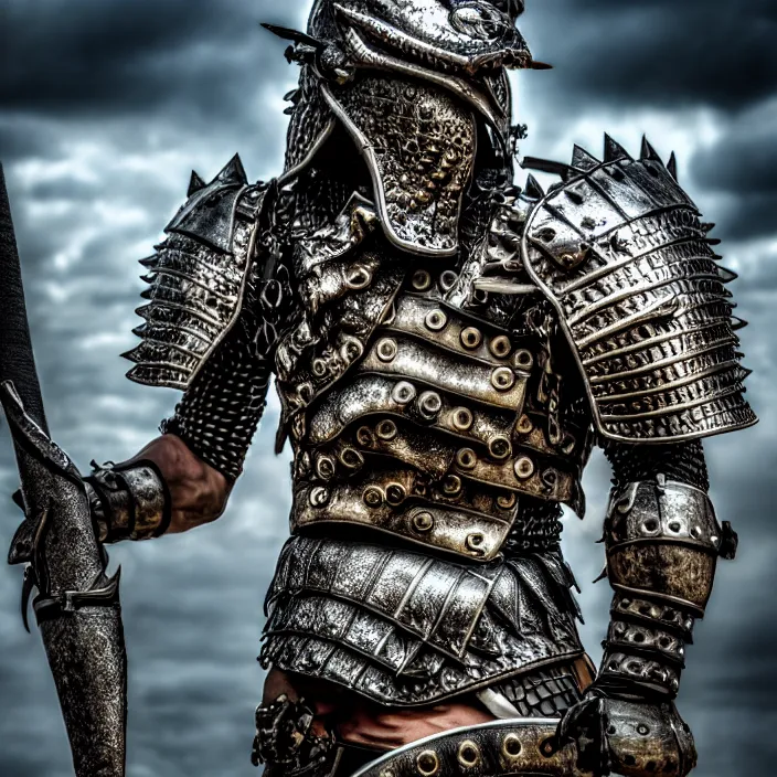 Image similar to photo of a warrior with metal crocodile themed armour, highly detailed, 4 k, hdr, smooth, sharp focus, high resolution, award - winning photo