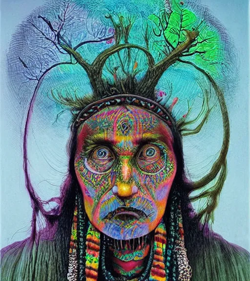 Image similar to Portrait painting in a style of Beksinski mixed with Alex Grey of an old shaman dressed in a colorful traditional clothes. Very psychodelic