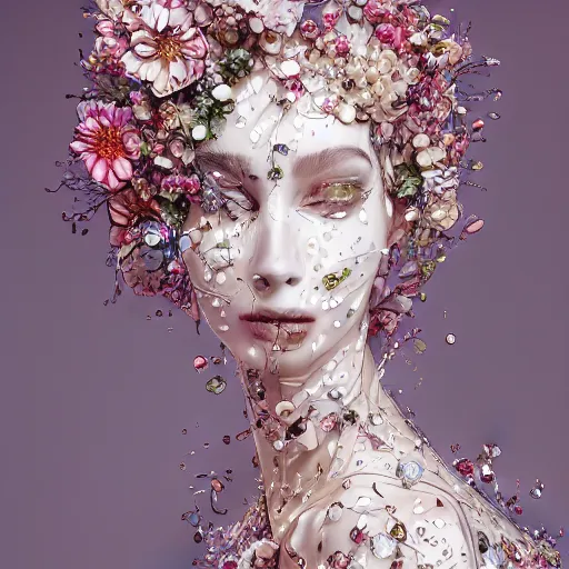 Image similar to the portrait of an absurdly beautiful, graceful, elegant, sophisticated, fashionable young woman made of strawberries and white petals with tears, an ultrafine hyperdetailed illustration by kim jung gi, irakli nadar, intricate linework, bright colors, octopath traveler, final fantasy, unreal engine 5 highly rendered, global illumination, radiant light, detailed and intricate environment