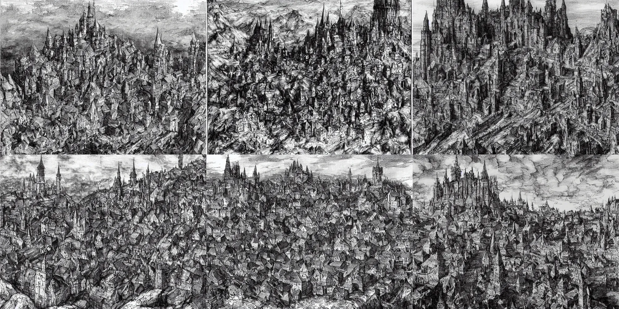 Prompt: a black and white illustration of middenheim, a huge medieval city on a mountain plateau by bernie wrightson, ian miller, gustave dore, albrecht durer, storybook illustration, highly detailed, pen and ink on paper