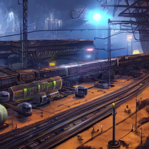 Image similar to Immense industrial futuristic cargo train arrives at cyber punk city station, cinematic lighting,