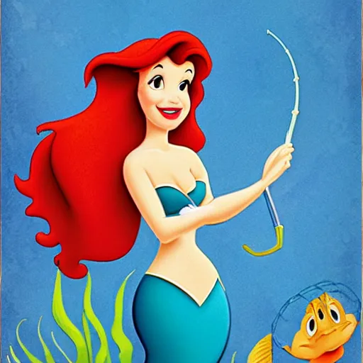 Prompt: disney poster of the little mermaid caught in a fishing net