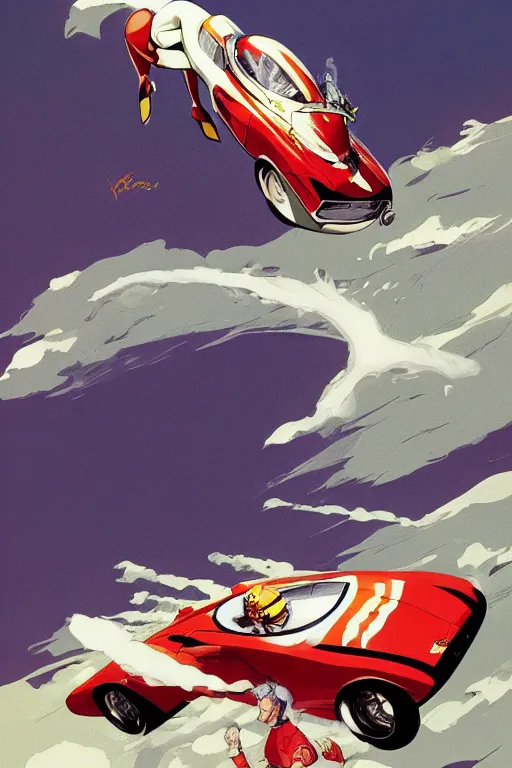 Image similar to full page illustration speed racer Mach GoGoGo diving out of his car at high speed, by Katsuhiro Otomo, Phil hale, Ashley wood, Ilya repin, frank frazetta, 8k, hd, high resolution print