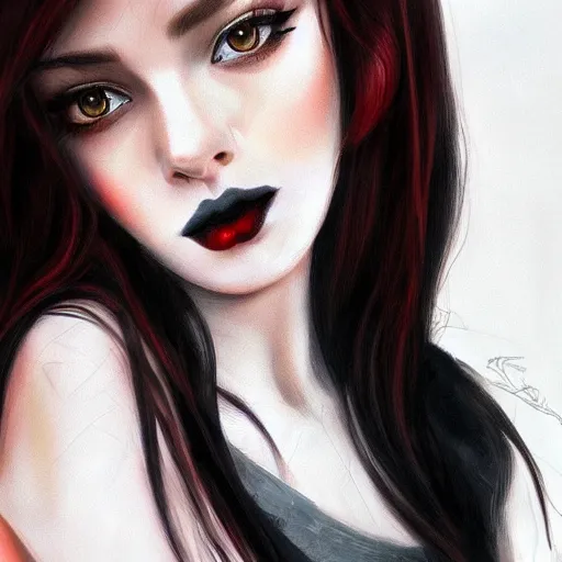Prompt: a realistic illustration portrait of a beautiful cute girl with wavy black red hair, a pointy nose and, round chin black eyeliner, trending on artstation, intricate sift lighting, realistic