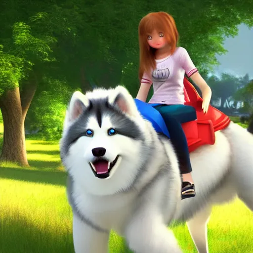 Image similar to girl riding a giant husky in the park, trending on artstation